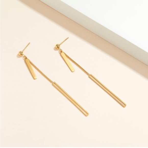 GOLD 14k Gold Plated Bar Chain Drop Earrings - Picture 2 of 3